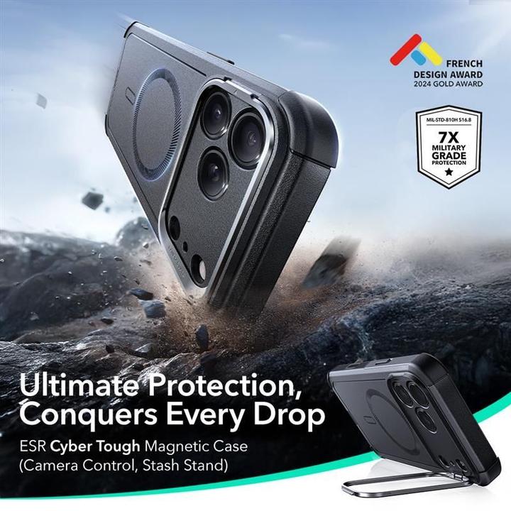 Produktbild ESR Cyber Tough Magnetic Case (Camera Control, Stash Stand), for iPhone 17 Pro Max, Black (Apple iPhone 17 Pro Max)