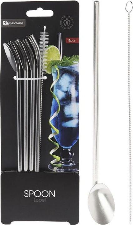 Produktbild Excellent Houseware 2in1-Trinkhalm-LÃ¶ffel aus Edelstahl, 5-teilig inkl. ReinigungsbÃ¼rste (5 x)