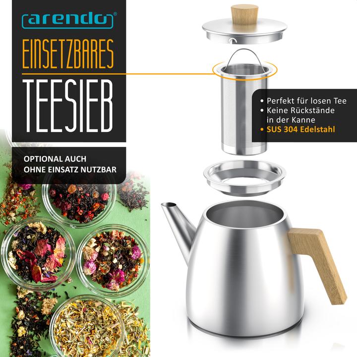 Produktbild Arendo Teekanne aus Edelstahl mit Holzgriff, Siebeinsatz, 1L, Isolierkanne, Doppelwandig, Edelstahl Teesieb (1 l)