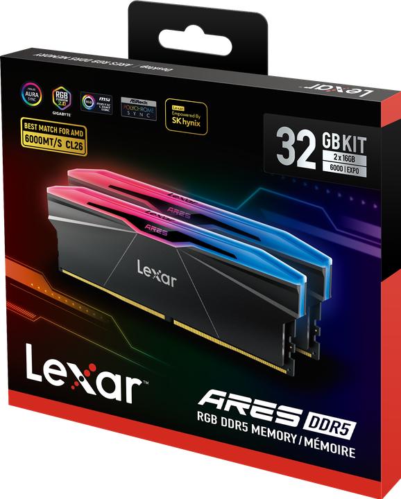 Image du produit Lexar Kit Barrettes mémoire 32Go (2x16Go) DIMM DDR5 Ares RGB 6000MHz (Noir) (2 x 16GB, 6000 MHz, RAM DDR5, U-DIMM)