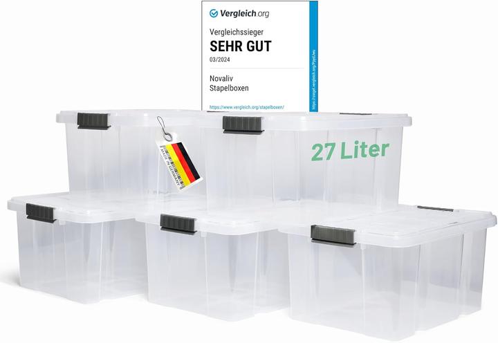 Immagine prodotto Novaliv 5x Aufbewahrungsboxen mit Deckel 27L transparente Nestbar stapelbare Storage boxes mit Clipv (46,5 x 36,5 x 24 cm, 27 l)