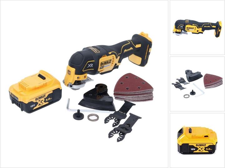 1x 31 x 43 mm houtzaagblad, 1x 31 x 43 mm zaagblad voor hout met spijkers, 1x schuurplaat, 1x DeWalt DCS 355 snoerloze oscillator, 25x schuurpapier ( K60, K120, K240 )