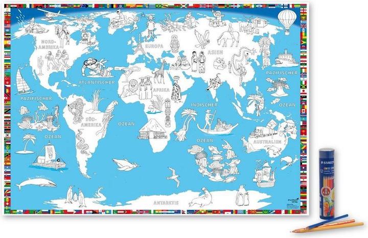 Produktbild Malkarte Welt Poster mit 12 hochwertigen Buntstiften in dekorativer Buntstiftdose