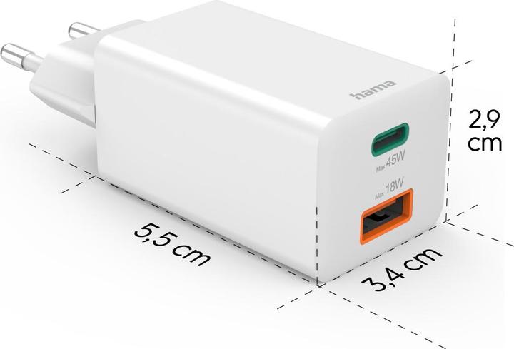 Image du produit Hama Chargeur rapide, 1x USB-C PD, 1x USB-A QC, mini-chargeur, 45 W, blanc (45 W)