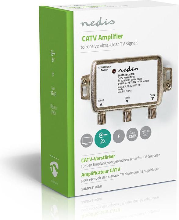 Produktbild Nedis SAMP41120ME CATV-Verstärker Verstärkung: 12 dB 85-1218 MHz Anzahl der Ausgänge: 2 Rückweg Silb (Stromversorgung)