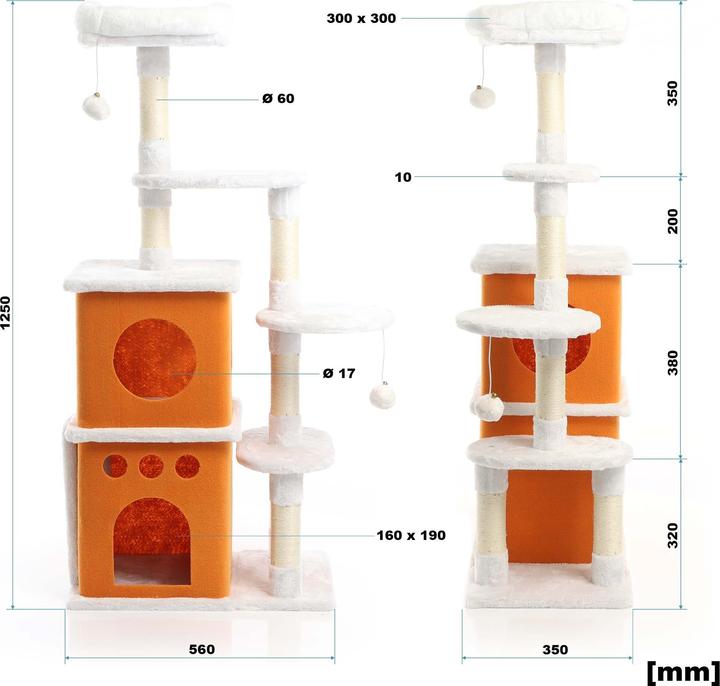 Image du produit Fudajo Arbre à chat Blanc/Brun 125cm Poste de grattage avec du sisal, des niches/2 maisons à chats (125 cm, Blanc, Marron)