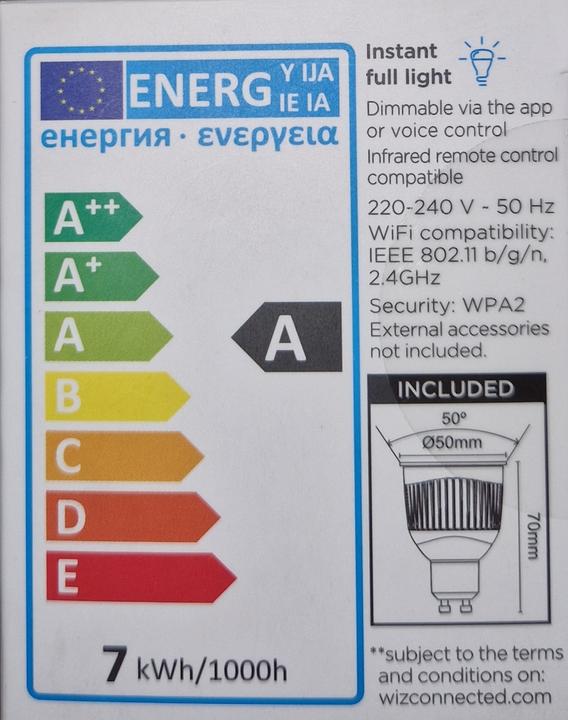 Energy Label WiZ white (GU10, 6.50 W, 360 lm, 2 x, G)