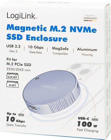 Actual product image LogiLink Magnetisches USB 3.2 Gen2 SSD-Gehäuse, 100 W PD, MagSafe-kompatibel, Spacegrau (M.2 2230)