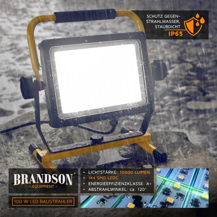 Produktbild Brandson Baustrahler, 100W LED Arbeitsleuchte, 144 SMD LEDs, Bauscheinwerfer, Bauscheinwerfer, 4m Kabel, IP65 (10000 lm)