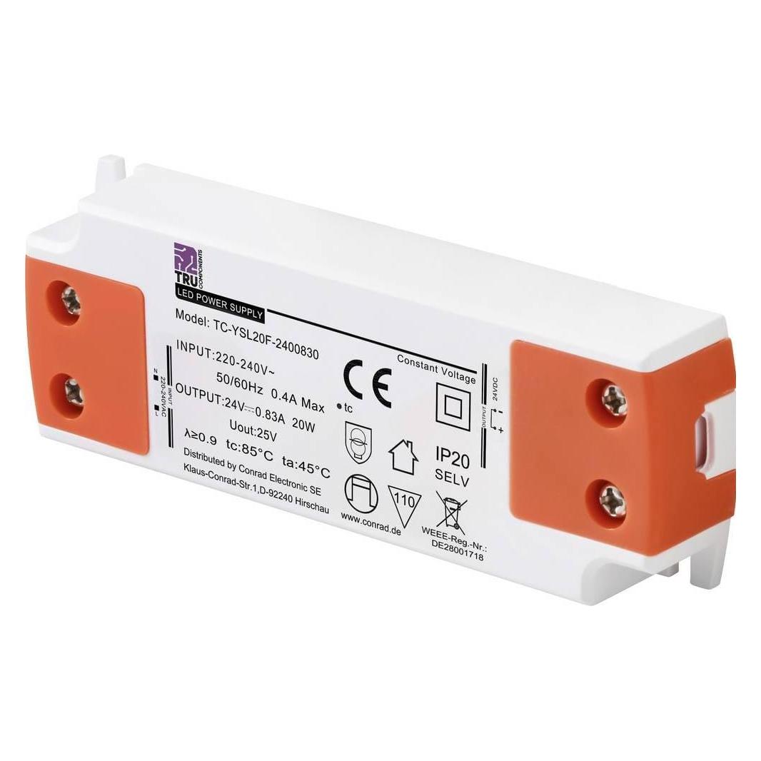 Tru Components, Verlichtingsaccessoires, Tc-YSL20F-2400830 Led-Trafo Konstantspannung 20 W 0.83 A 24 V/Dc