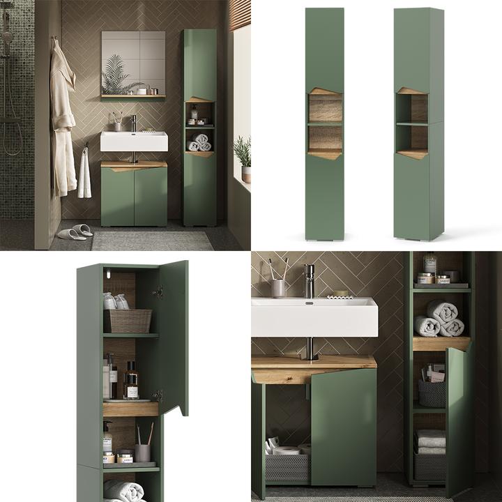 Actual product image Vicco Badschrank Marelle, Grün/Artisan, 30 x 180 cm mit Türen und offenen Fächern