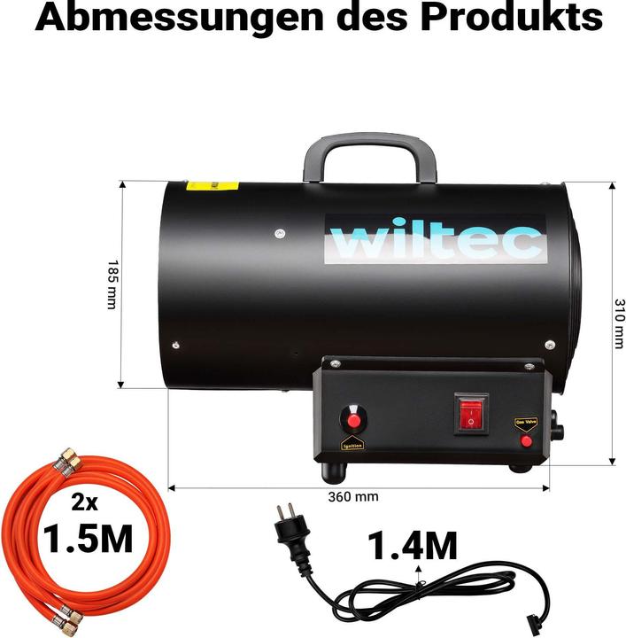 Actual product image Wiltec Gasheizgebläse 15kW Heizkanone 30W Gasdruckminderer Spanien 700mbar (15000 W)
