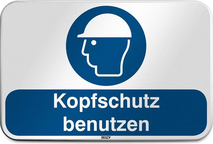 Actual product image Brady M/M014/DE297/RLFBD-600X400-1, ISO safety sign - Use head protection, aluminium laminate