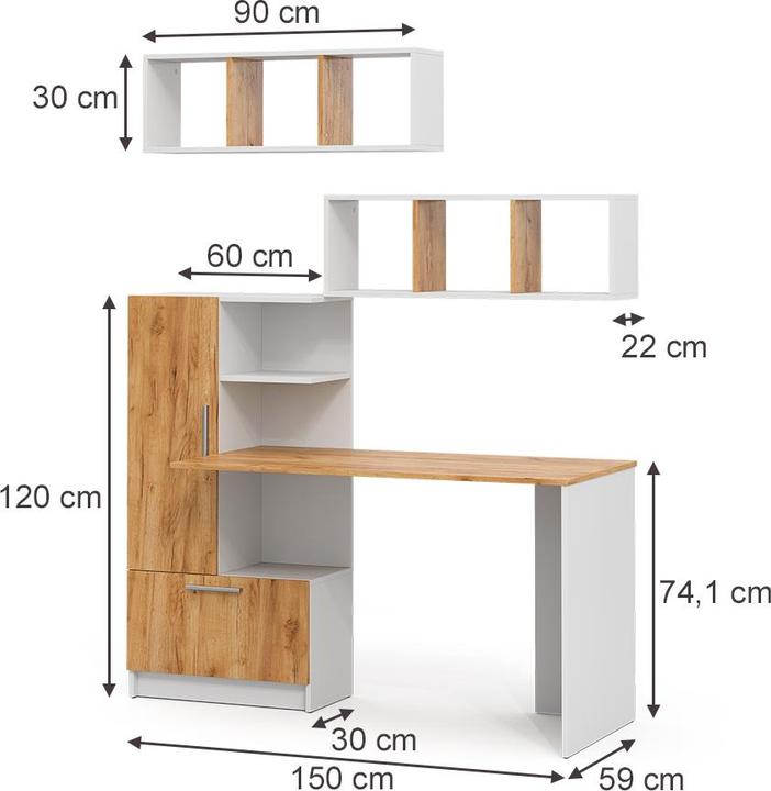 Produktbild Vicco Schreibtisch-Set Tomy, Weiss/Goldkraft Eiche, 150 x 59 cm 3er Set da 2 Regale+Schreibtisch