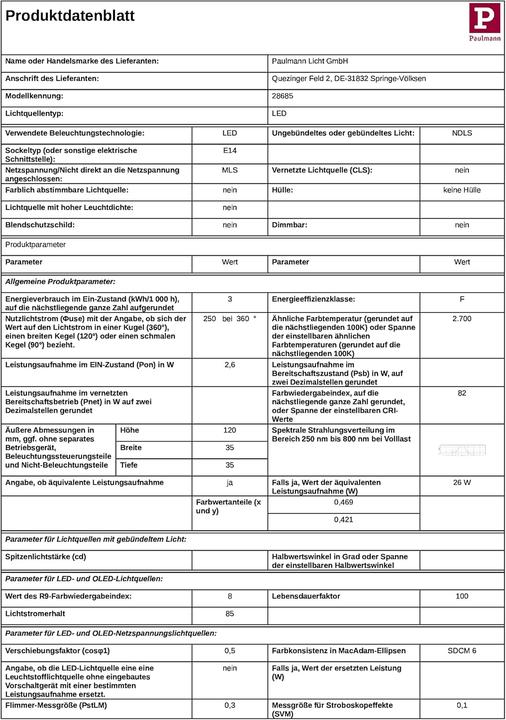 Nährwerte und Zutaten Paulmann Kerze Flame (E14, 2.60 W, 250 lm, 1 x, F)