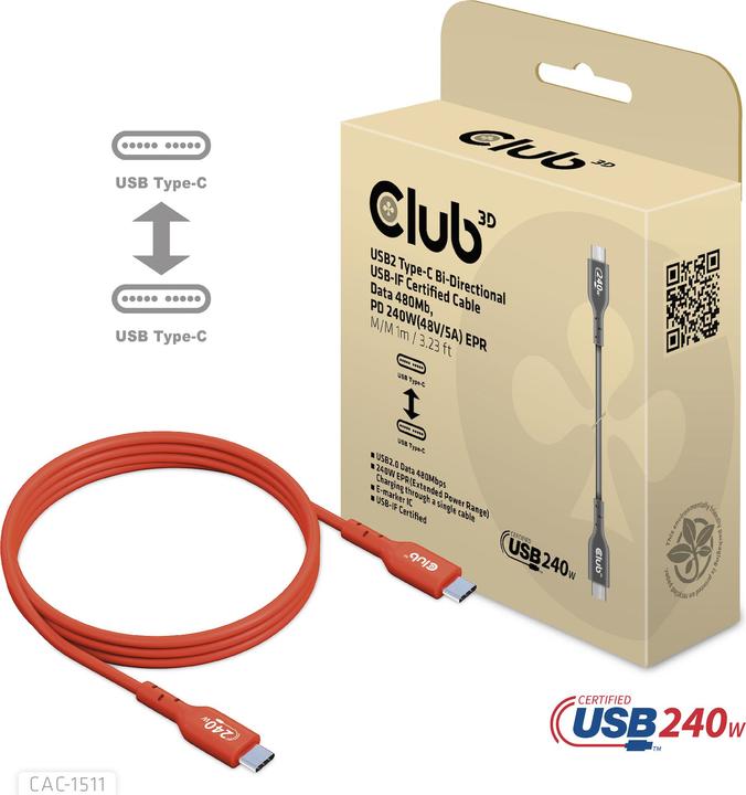 Image du produit Club 3D Club3D câble USB 2 type C PD 240W / 480Mb 1m p/p retail (1 m, USB 2.0, 240 W)