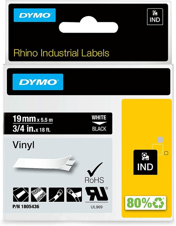 Produktbild Dymo Rhino 19mm weiß auf schwarz Vinyl (1.90 cm, Schwarz)