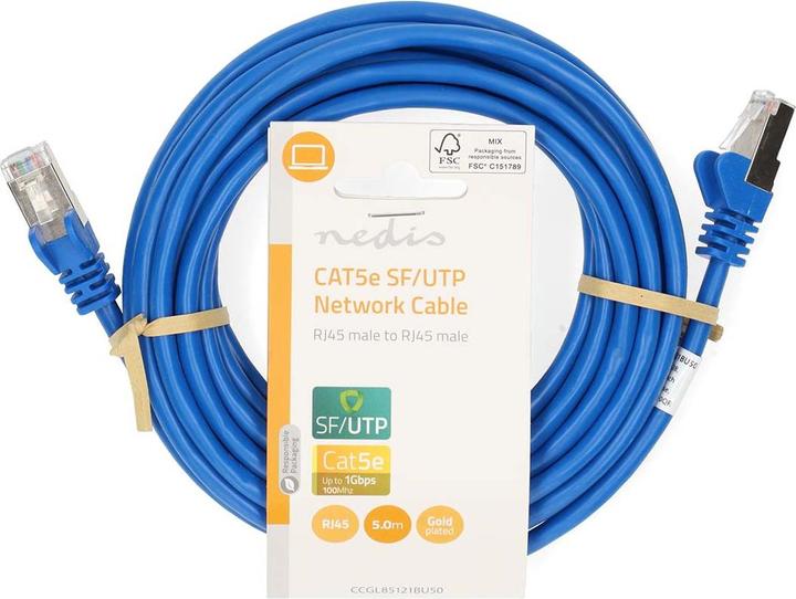 Produktbild Nedis Cat 5e-Kabel | SF/UTP | RJ45 Stecker | RJ45 Stecker | 5.00 m | Rund | PVC | Blau | Label (SF/UTP, CAT5e, 5 m)