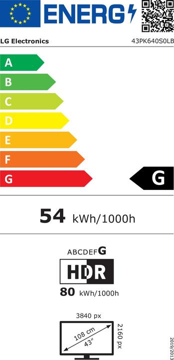 Label énergétique LG 43" 43PK640S0LB 3840 x 2160, 300 nits (43", LCD, LED, 4K)