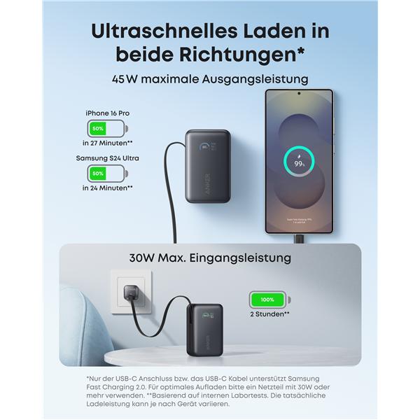 Immagine prodotto Anker Nano PowerBank 10K 45W Built-In USB-C Cable (10000 mAh, 45 W)