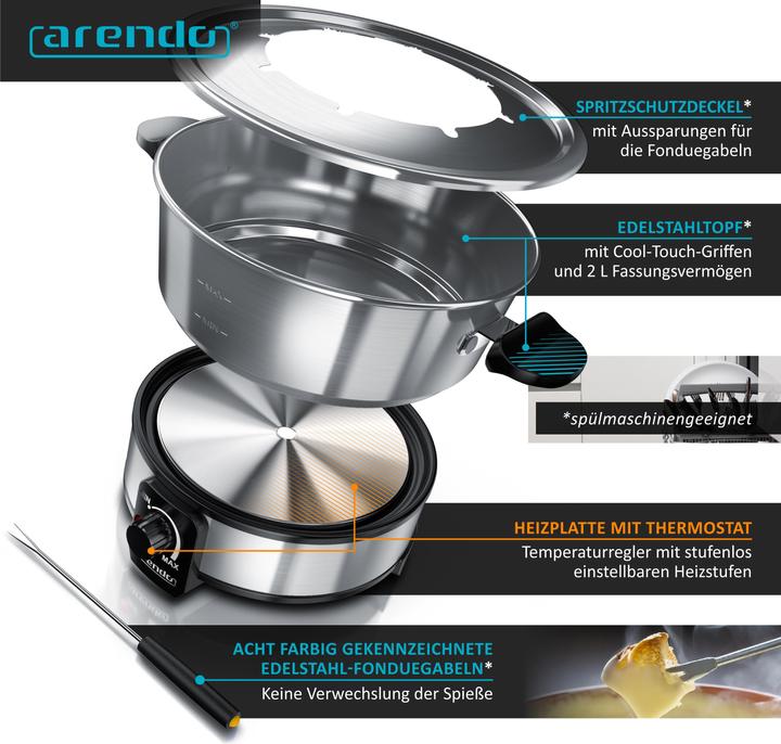 Produktbild Arendo Fondueset Edelstahl für 8 Personen - Fondue elektrisch - 1000 W Heizplatte - Set mit 8 Gabeln (Fondue Chinoise, Fondue Bourguignonne)