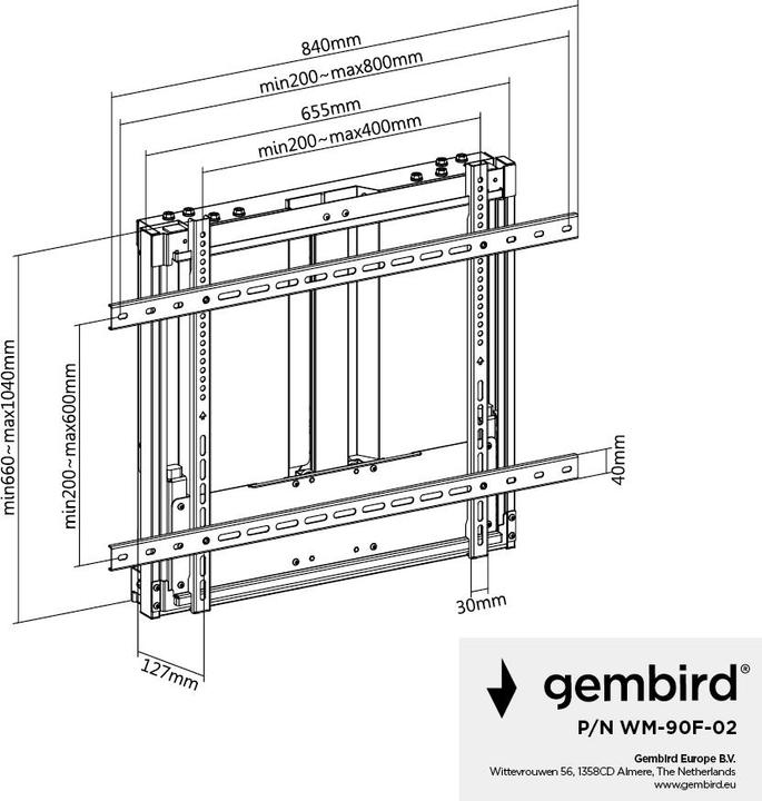 Image du produit Gembird Support mural TV réglable en hauteur (Mur, 70 kg, 43" - 90")