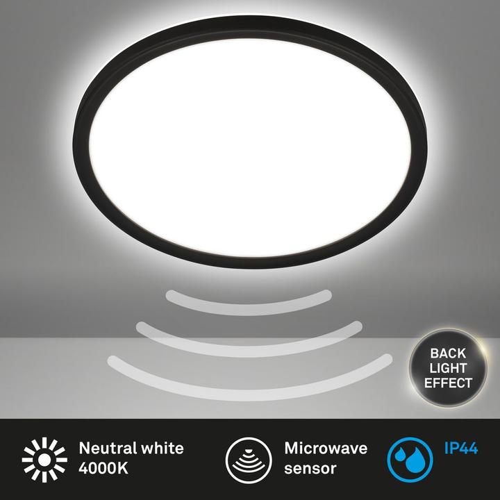 Image du produit Briloner Panneau LED ultra plat avec effet de rétroéclairage + Microwave, IP44, noir (2400 lm)