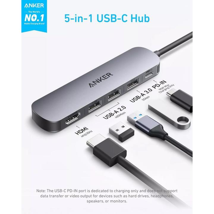 Actual product image Anker USB-C hub, 2 x USB-A - 1 x USB-A 3.0 - 1 x USB-C - 1 x HDMI, grey (USB-C, 5 ports)