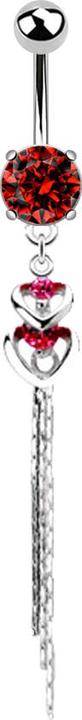 Actual product image Star Piercing Banana silver with ball and ball crystal red pendant two hearts glittering thread (Brass, Surgical steel 316L)