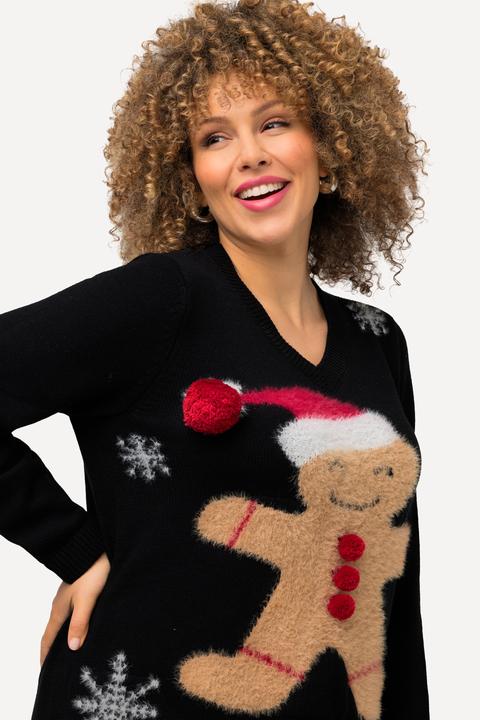 Image du produit Ulla Popken Pull de Noël à col en V et manches longues, motif bonhomme en pain d'épices (46, 48)