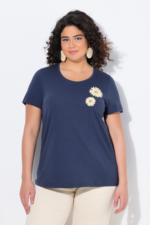 Immagine prodotto Ulla Popken T-shirt in cotone biologico con ricami, scollo a girocollo e mezze maniche (58)