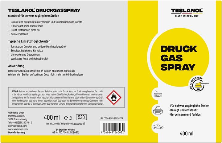 Nährwerte und Zutaten Teslanol Druckgasspray brennbar