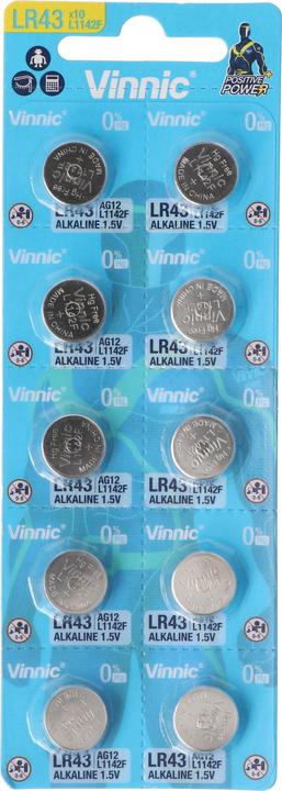 Actual product image Vinnic 10er Set LR43, VA12GA, 186, 84, LR1142, G12, AG12, L1142, RW84, D186 (10 pcs., LR43, 80 mAh)