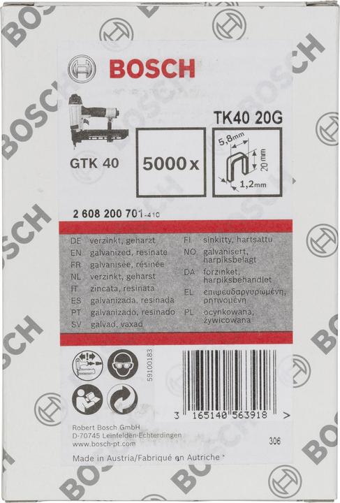 Produktbild Bosch Professional Zubehör Schmalrückenklammer TK40 20G, 5,8 mm, 1,2 mm, 20 mm, verzinkt