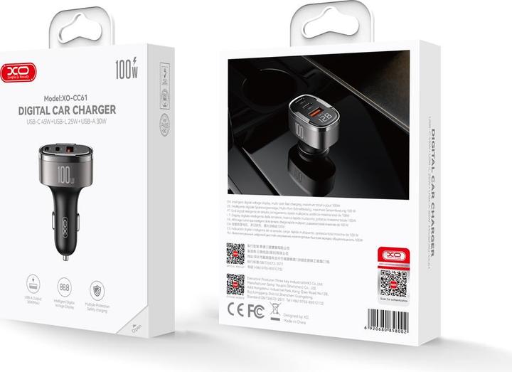 Actual product image xO car charger CC61 PD QC 3.0 100W 1x USB 1x USB-C 1x Lightning gray