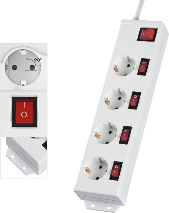 Actual product image Hama Power strip, 4-way, 90°, individually switchable, wall-mounted, 1.4 m, white (4x, 1.40 m)
