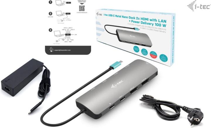 Actual product image i-tec USB-C Metal Nano Dock 2x HDMI 1x GLAN 2x USB 3.2 2x USB 2.0 1x USB-C 3.2 Gen.1 Data 1x USB-C 1 (USB-C, 2 Ports)