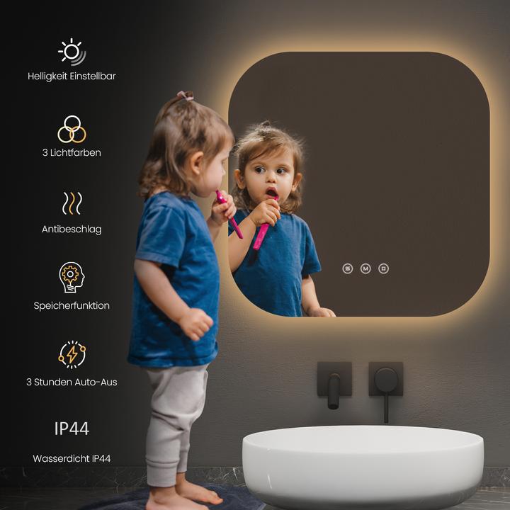 Actual product image Emke Bathroom Mirror With Lighting 60*60cm,Fog-Free, 3 Colour Temperatures (3000K-6500K)&Dimmable