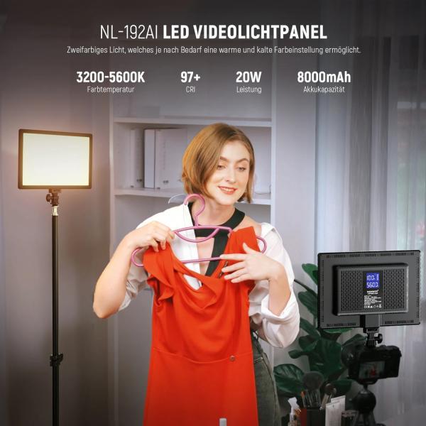 Produktbild Neewer Dauerlicht NL192AI LED Flächenleuchte mit Stativ und Kugelgelenk (Flächenleuchte)