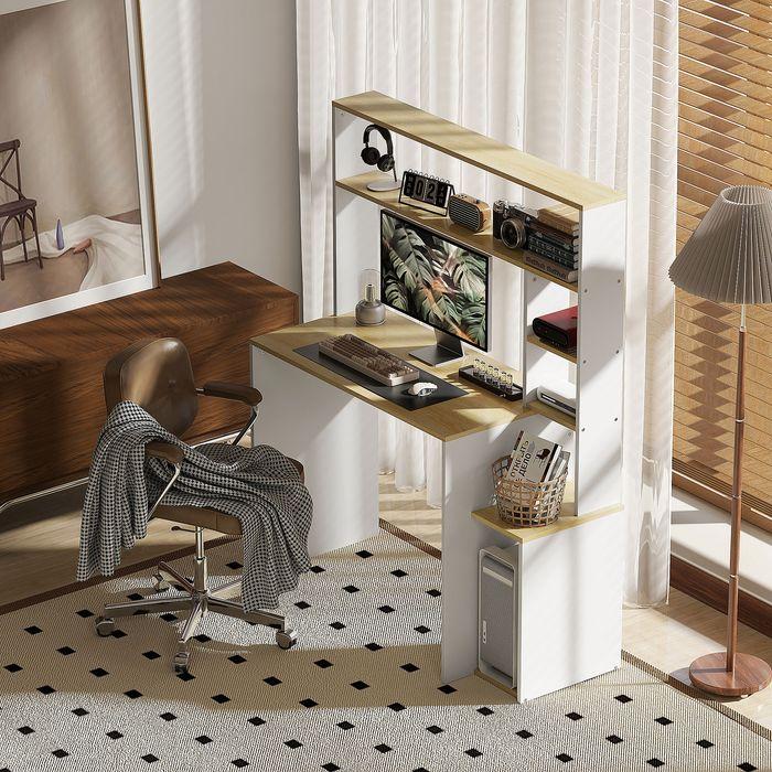 Produktbild Swisshandel24 Computertisch, Schreibtisch mit offenen Regalen und Ablagefächern, aus Stahl, Hellbraun+Weiss (113 x 45 x 138.50 cm)