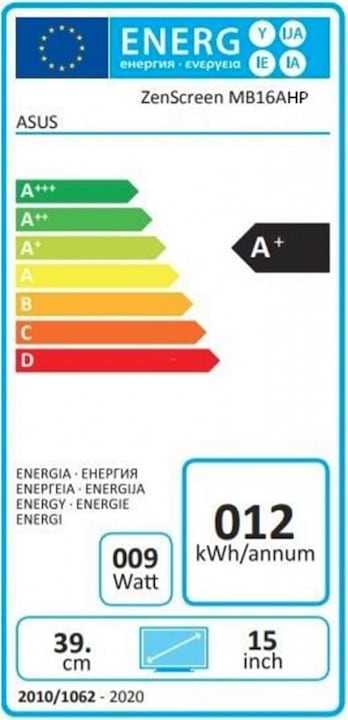 Energy Label ASUS ZenScreen Go MB16AHP (1920 x 1080 pixels, 15.60")