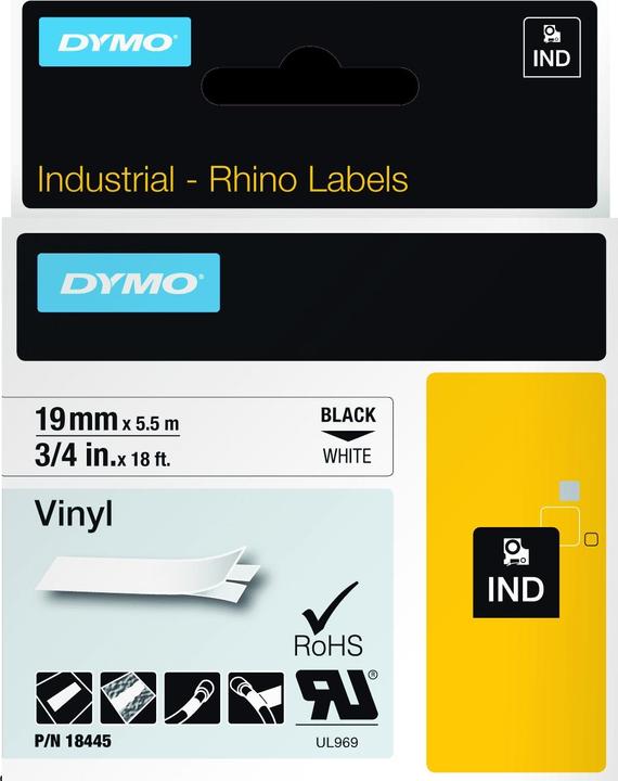 Energielabel Dymo Rhino vinyl tape, zwart (1.90 cm, Wit)