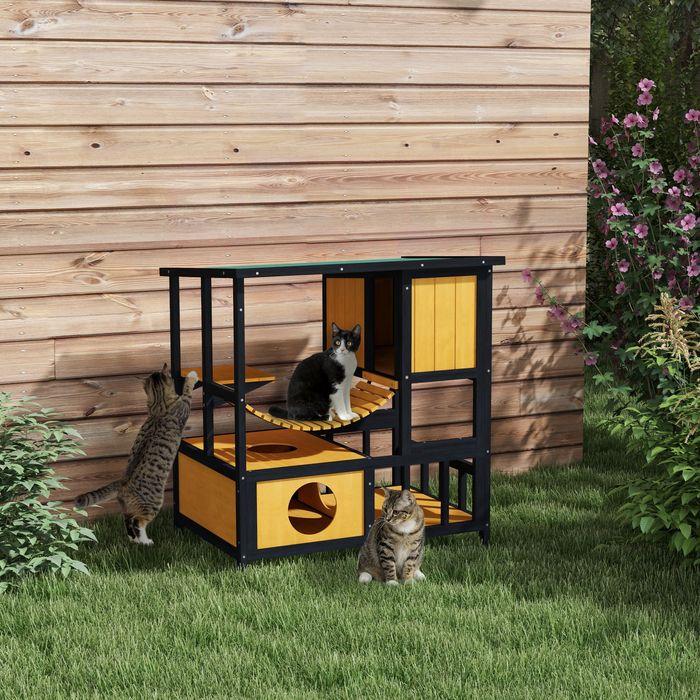 Produktbild Swisshandel24 Katzenhaus Holz, mit Hängebrücke, für 1-2 Katzen bis 5kg, Gelb (Katze)