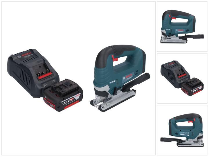 5,0 Ah, Batterie Li-Ion 5000 mAh, 1x Bosch GAL 1880 CV chargeur rapide, 1 x Bosch GST 18V-125 B Professional scie sauteuse sans fil, 1x kit d'aspiration, 1x lame de scie sauteuse T 144 D, Speed for Wood, 1x protège-copeaux, 1x Bosch GBA 18 Volt