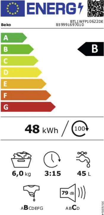 Energie-Label Beko BTL1WFP10622 DE Toplader B 6kg 1200U Inverter Motor (6 kg, Oben)