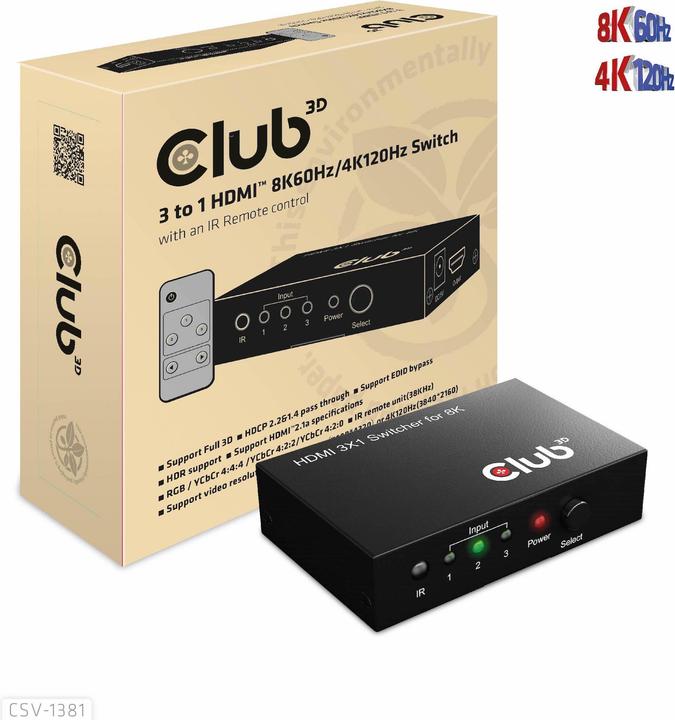 Club 3D Club3D HDMI Switchbox 3 Eingänge -> 1 Ausgang 8K60Hz UHD retail