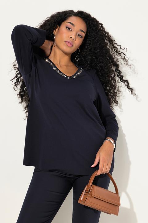 Actual product image Ulla Popken Rhinestone Neckline Long Sleeve V-Neck tee (58)