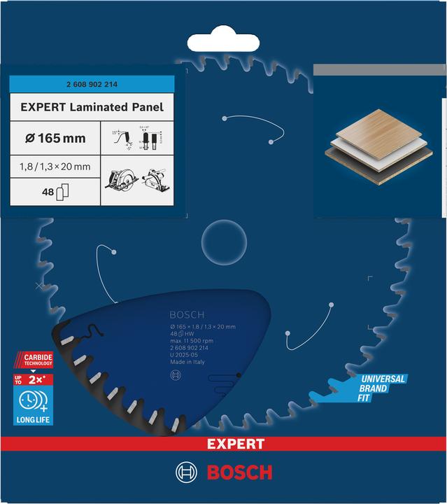Actual product image Bosch Professional Zubehör Blau Zubehör 2608902214 EXPERT Kreissägeblatt Schichtstoffplatte 165 x 1,8/1,3 x 20 mm T48