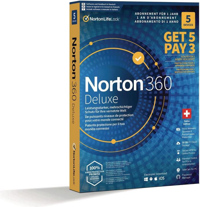 Produktbild Norton 360 Deluxe - Promotion Box, 5 Device, 1 Jahr (5 User, 12 Monate)