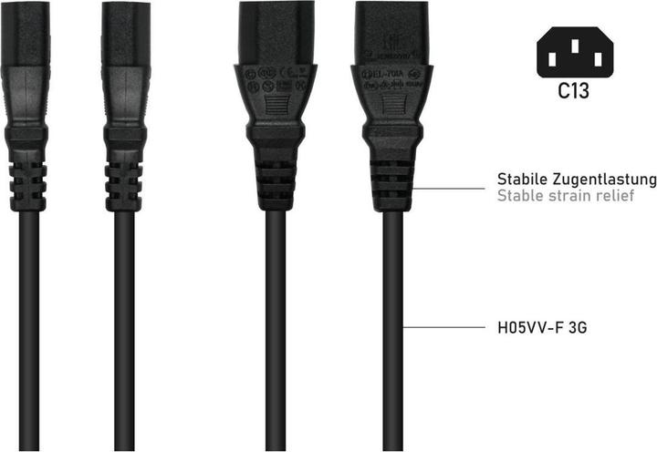 Produktbild Kabelmeister Y-Netzkabel Schutzkontakt-Stecker Typ E+F (CEE 7/7, gewinkelt) an 2x Buchse C13, schwa (2 m)
